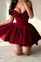 Red Low Cut Velvet Bow Midi Dress