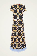 Annalisa Satin Court Style Contrast Color Printed Short Sleeve Pocket Feather Trim Maxi Dress