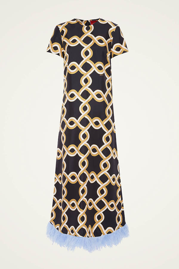 Annalisa Satin Court Style Contrast Color Printed Short Sleeve Pocket Feather Trim Maxi Dress