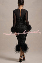 Glamor and Drama Mesh Sequin Patchwork Feather Trim Stretch Midi Dress
