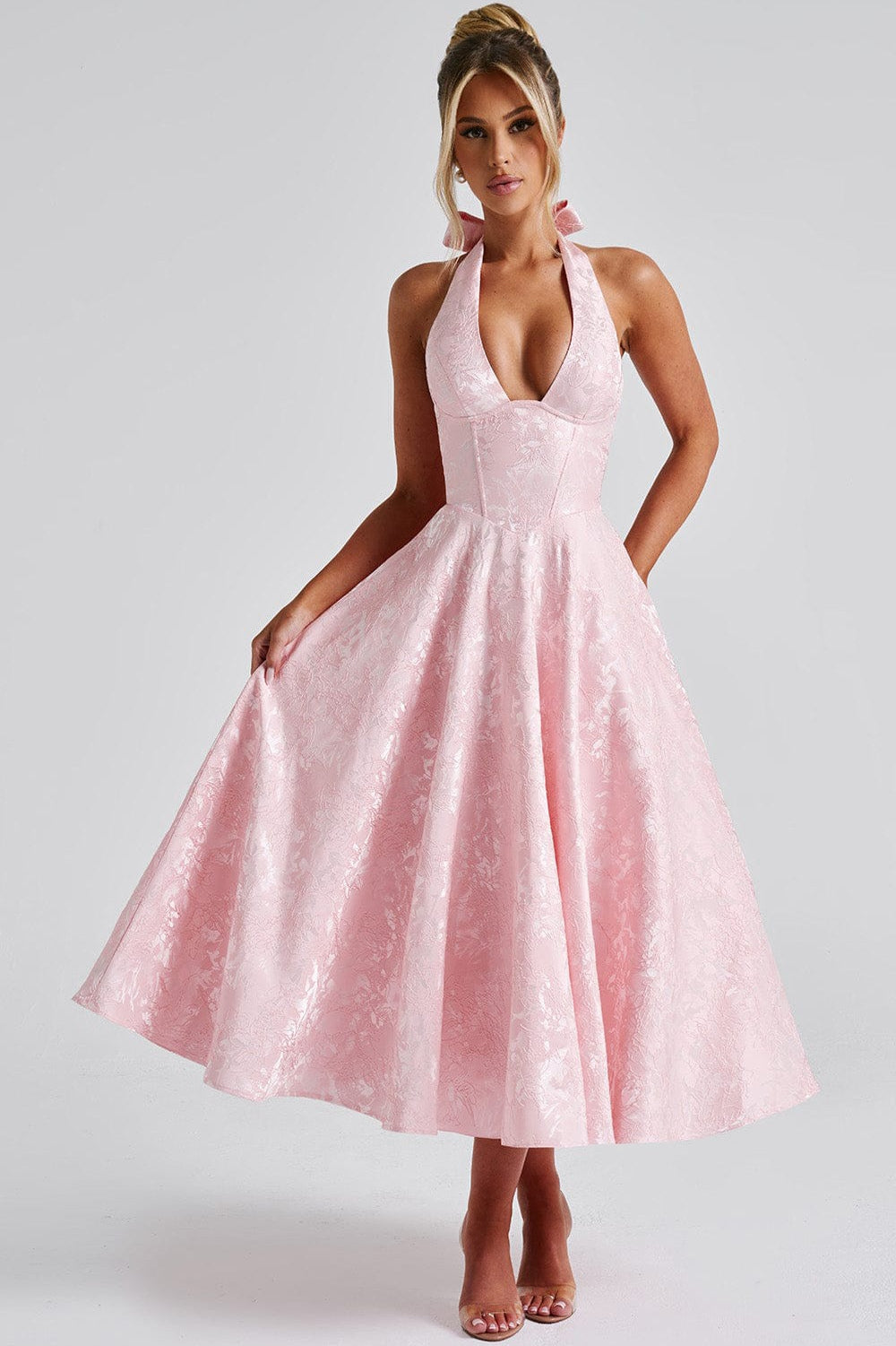 Jacquard Halter Neck Deep V-Neck Bustier Pleated A-Line Midi Dress