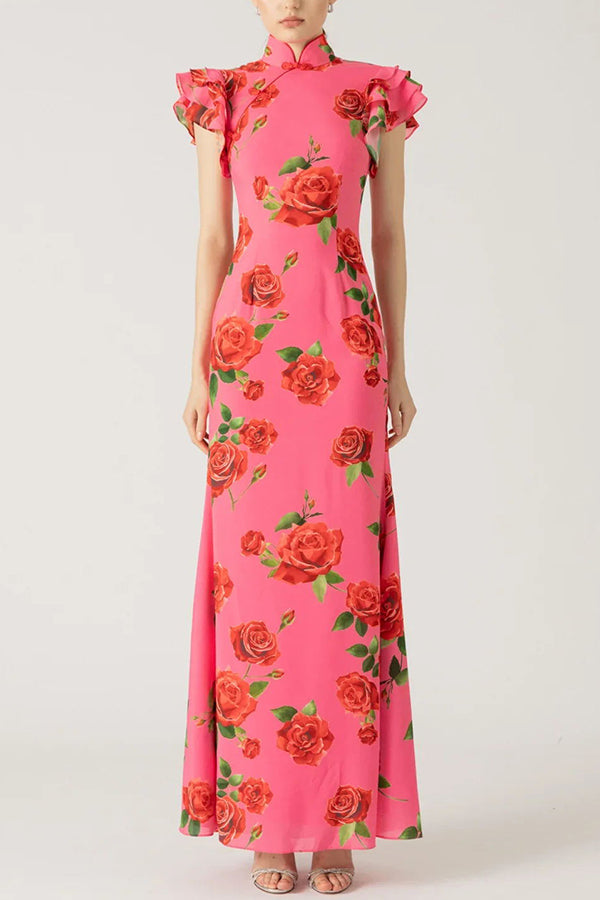 Elegant party cheongsam style rose print layered flared sleeve elastic long skirt
