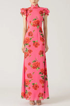 Elegant party cheongsam style rose print layered flared sleeve elastic long skirt