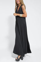 Deep V-Neck Center Pleat Sleeveless Flowy Maxi Dress