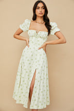 Floral Square Neck Puff Sleeve Ruched Tie Bust High Split Midi Dress