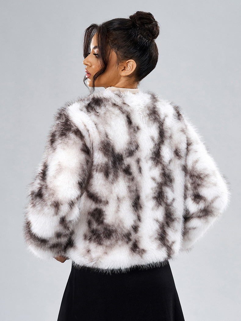Faux Fur Coats Long Sleeves Casual Faux Fur Jacket Jewel Neck White Women Coat