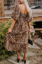 Abigail Exclusive Brown Leopard Print Ricrac Puff Sleeve Maxi Dress Boutique Collection