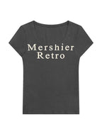 U Neck Letter Print Slim Short Sleeve Knit