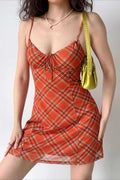 Plaid Print Sweetheart Tie Front Spaghetti Strap Bodycon Mini Dress