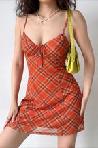 Plaid Print Sweetheart Tie Front Spaghetti Strap Bodycon Mini Dress