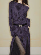 Random Smudged Print One Shoulder Mesh Splice Maxi Dress