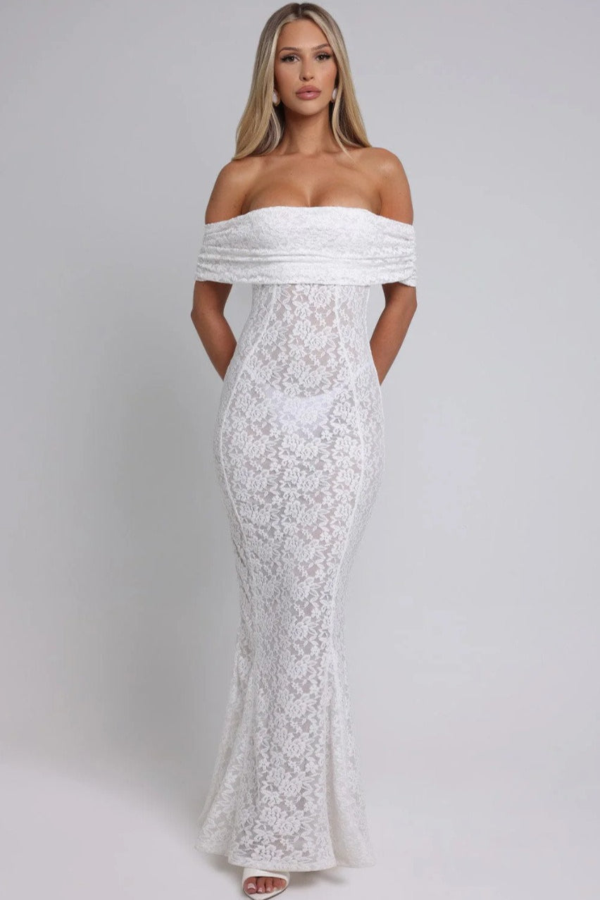 Floral Lace Off Shoulder Foldover Cuff Mermaid Maxi Dress