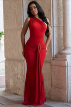 One Shoulder Ruched Metal Ring Draped Panel Maxi Dress
