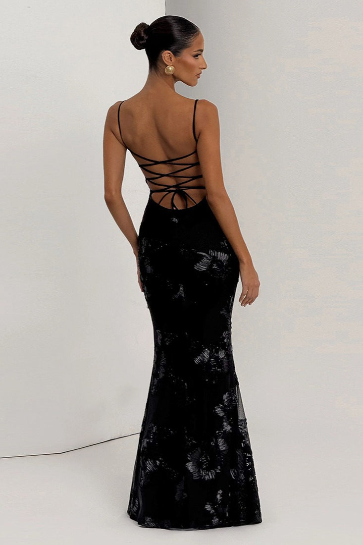 Floral Lace Applique Sweetheart Spaghetti Strap Mermaid Maxi Gown
