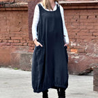 Retro Solid Cotton Side Pockets Dress