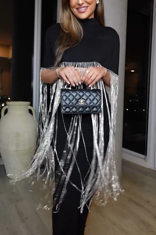 New Level Shiny Tassel Stand Neck Crop Cape Blouse