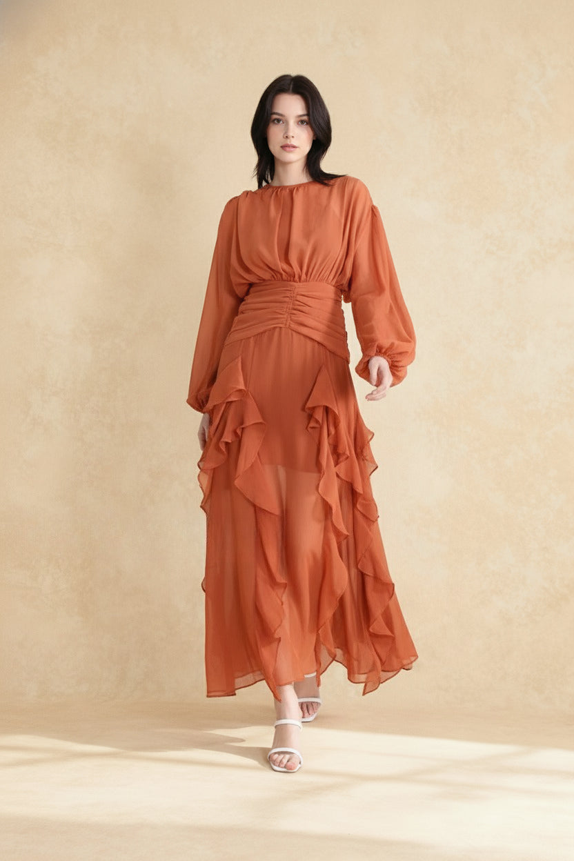 Chiffon Bishop Sleeve High Neck Ruched Waist Cascading Ruffle Tier Maxi Dress