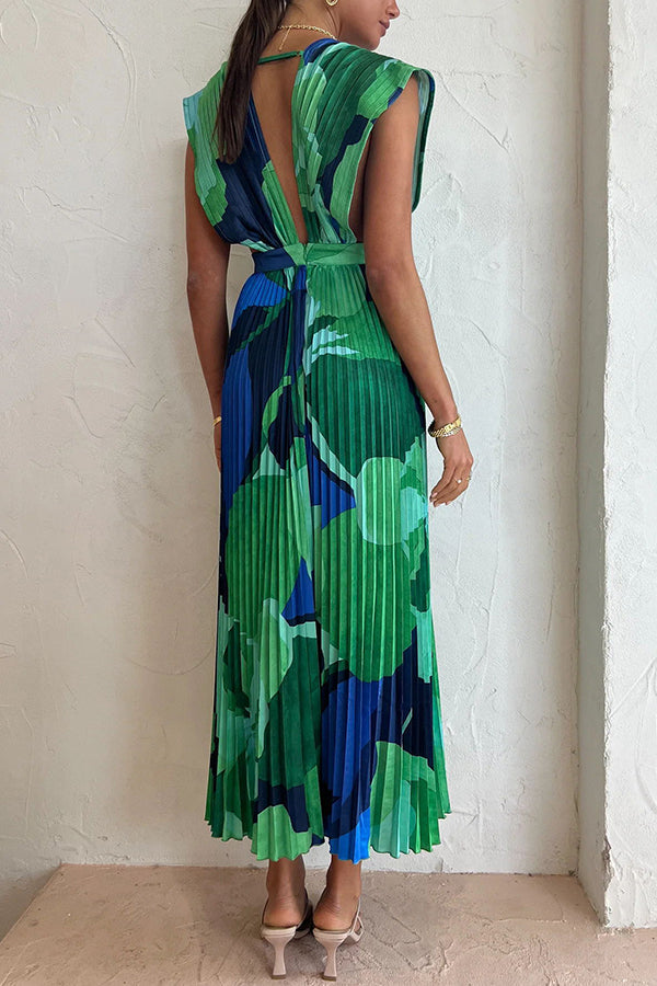 Pleated Deep V-Neck Sleeveless Abstract Floral Print Maxi Dress