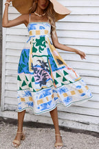 Abstract Floral Print Square Neck Spaghetti Strap Smocked Back Pocket Midi Dress