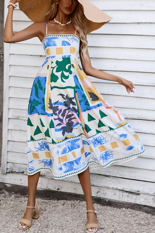 Abstract Floral Print Square Neck Spaghetti Strap Smocked Back Pocket Midi Dress