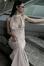 Rib Knit Halter Neck Backless Sash Drape Maxi Dress