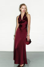 Satin Halter Neck Cowl Neck Bias Cut Bodycon Midi Dress
