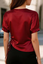 Solid Color Satin V-neck Short-sleeved Side Waist Ruching Casual Top