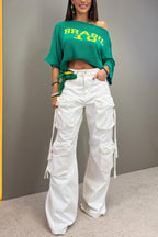 World Cup Letter Jacquard Loose-fitting Sloping Shoulders Cropped Knit Top