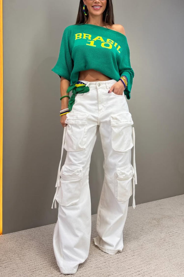 World Cup Letter Jacquard Loose-fitting Sloping Shoulders Cropped Knit Top