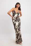 Deep V Spaghetti Strap Cow Print Satin Maxi Slip Dress