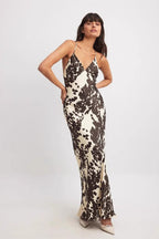 Deep V Spaghetti Strap Cow Print Satin Maxi Slip Dress