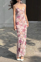 Floral Print Spaghetti Strap Deep V-Neck Slip Bodycon Maxi Dress