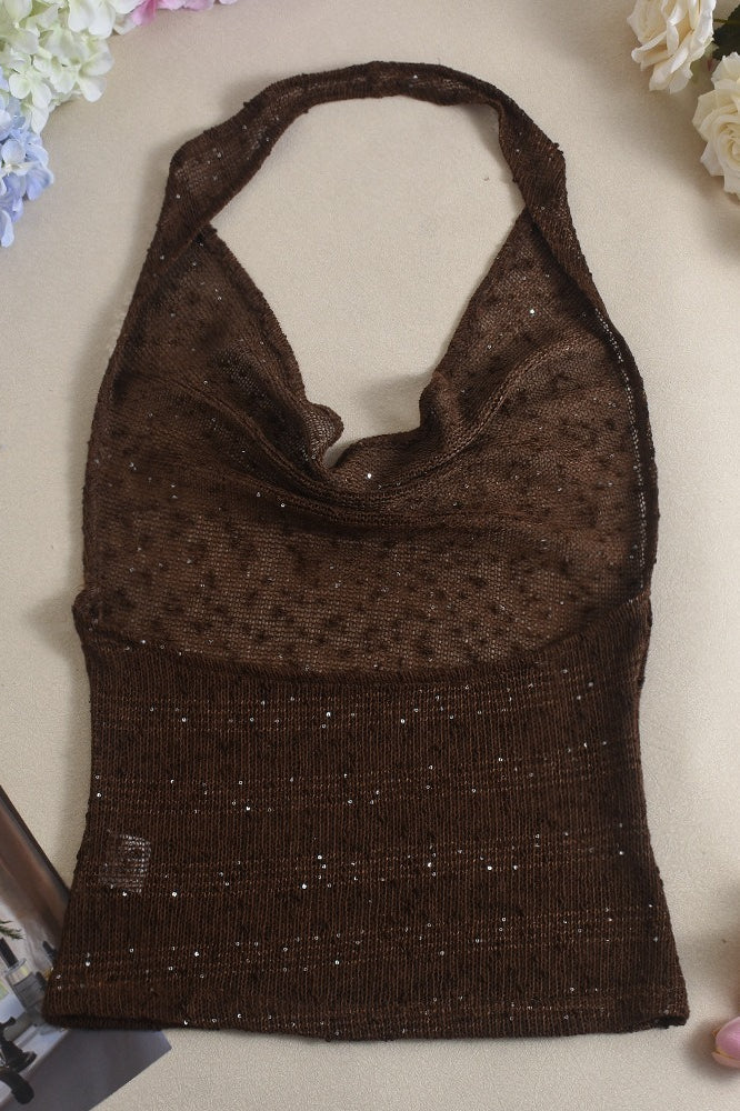 Sheer Sparkling Deep V Cowl Neck Halter Tank Top