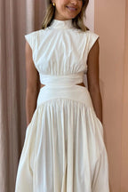 Mock Neck Sleeveless Side Cut Out Waist Pocketed Gathered Maxi Dress