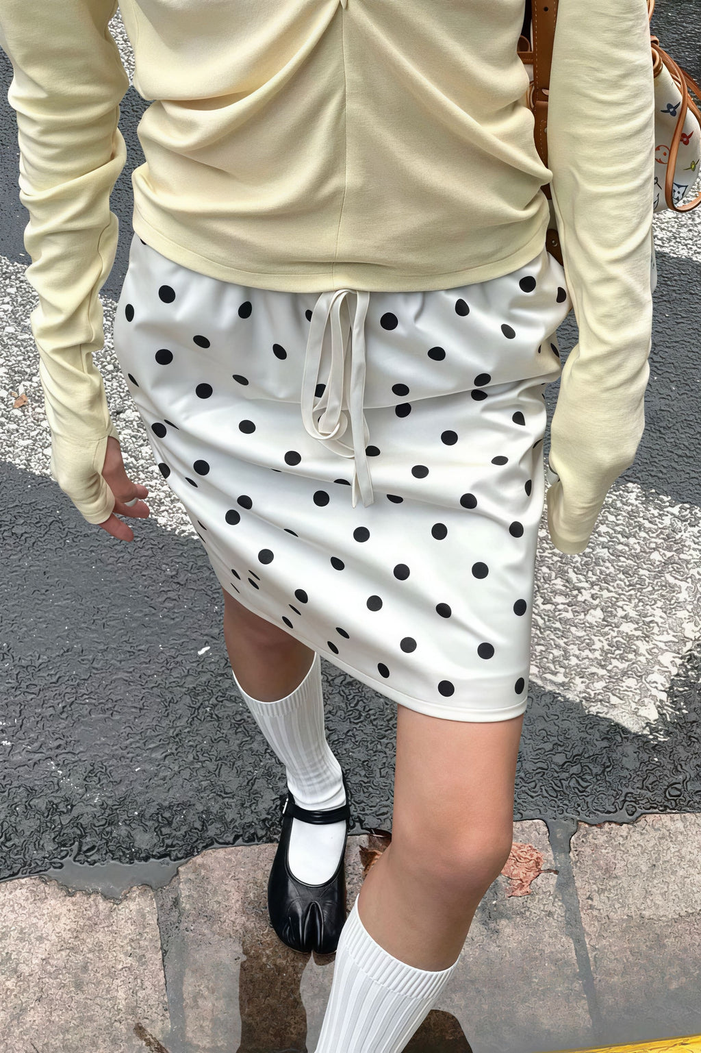 Vintage Satin Polka Dot Drawstring Midi Skirt