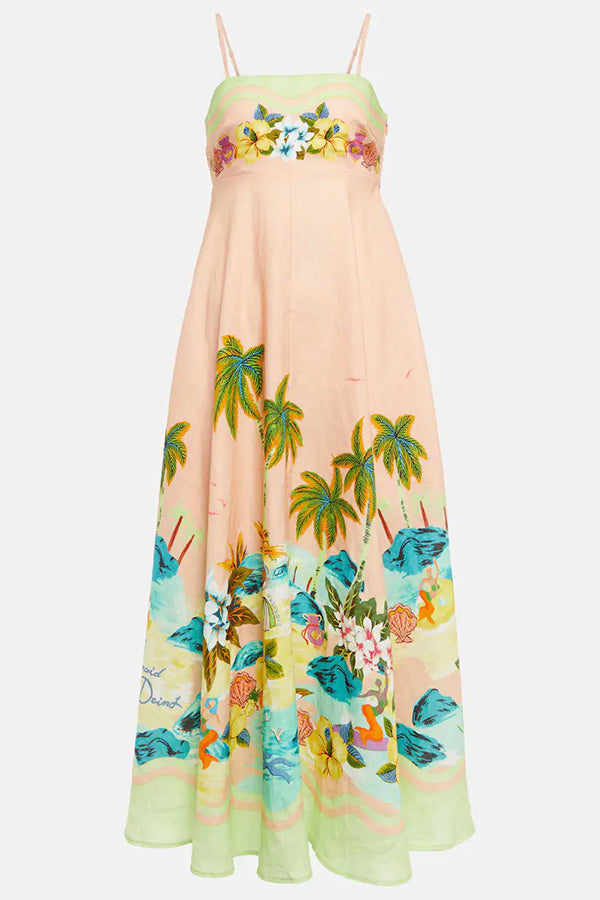 Tropical Palm Print Scallop Trim Spaghetti Strap Maxi Dress