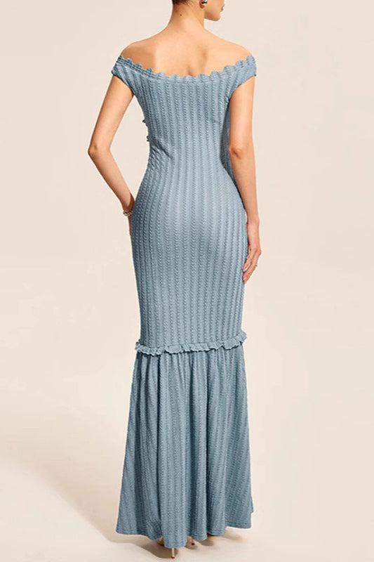 Ribbed Knit Off Shoulder Ruffle Keyhole Mermaid Flare Maxi Dress
