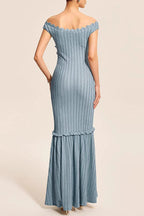 Ribbed Knit Off Shoulder Ruffle Keyhole Mermaid Flare Maxi Dress