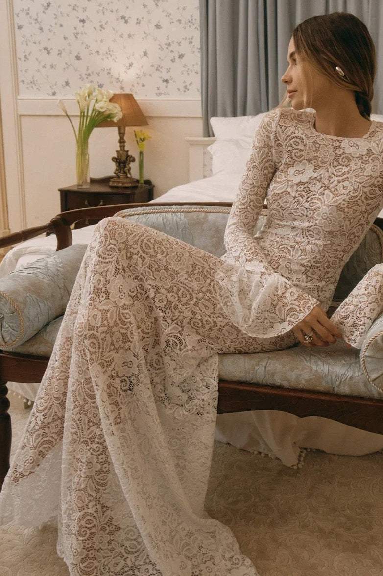 Lace Bell Sleeve Crew Neck Bodycon Maxi Dress