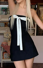 Off Shoulder Bow Detail Puff Sleeve Fit and Flare Mini Dress