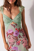 Sweetheart Lace Cap Sleeve Triangle Cutout Floral Print Bodycon Midi Dress