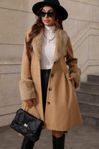 Plush Paneled Notch Collar Button Mid-Length Tie Waist Coat
