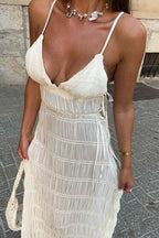Pleated Crinkle Deep V-Neck Side Tie Tiered Maxi Dress