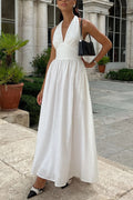Solid Color Halter Neck Tie Elegant Backless Waist-cinching Maxi Dress
