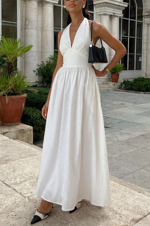 Solid Color Halter Neck Tie Elegant Backless Waist-cinching Maxi Dress