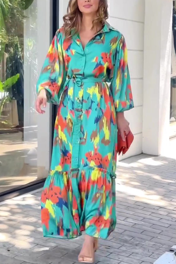 Abstract Brushstroke Print Collar Balloon Sleeve Tie Waist Tiered Maxi Dress