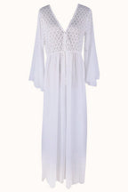 White Deep V Neck Crochet Bodice Bell Sleeve Pleated Maxi Dress