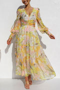 Abstract Floral Print V-Neck Bishop Sleeve Wrap Waist Tiered Maxi Dress