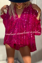 Fashion Sequin V-neck Long Sleeve Loose Top and Elastic Waist Casual Shorts Set