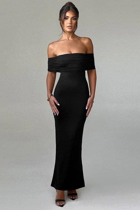 Off Shoulder Ruched Band Open Back Bodycon Maxi Dress